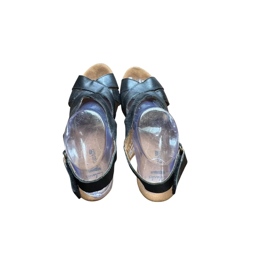 Clarks Wedge Sandals Women 9 Black Excellent Strappy Slingback Cushion Soft